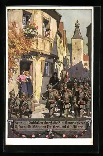 Künstler-AK P. Hey: Nr. 2, Soldaten marschieren durch die Stadt