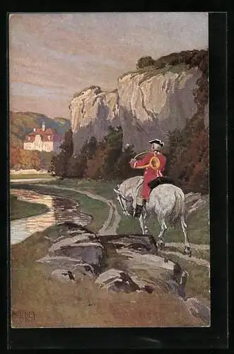 Künstler-AK P. Hey: Volksliederkarte Nr. 22, Es blies ein Jäger wohl in sein Horn