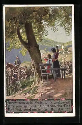 Künstler-AK P. Hey: Mutter und Kind verabschieden die Soldaten