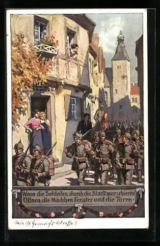 Künstler-AK P. Hey: Nr. 2, Soldaten marschieren durch die Stadt