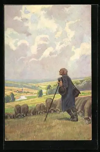 Künstler-AK Paul Hey: Alter Schäfer mit seinen Schafen