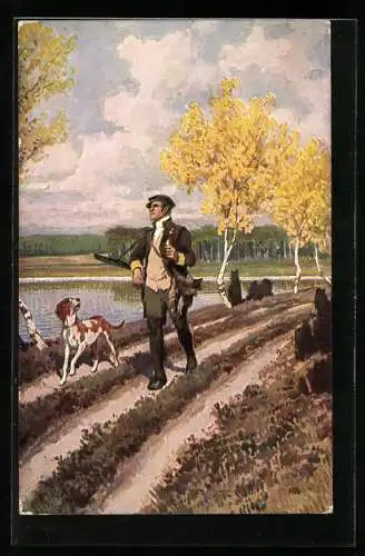 Künstler-AK P. Hey: Volksliedkarte Nr. 13, Jäger mit seinem Hund