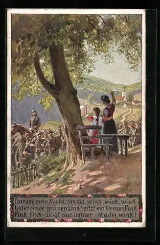 Künstler-AK P. Hey: Mutter und Kind verabschieden die Soldaten