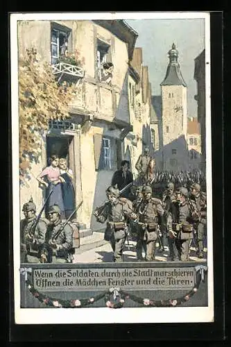 Künstler-AK P. Hey: Nr. 2, Soldaten marschieren durch die Stadt