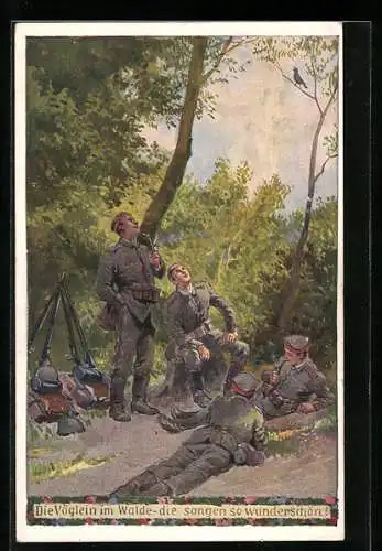 Künstler-AK P. Hey: Soldaten beobachten die Vöglein im Walde
