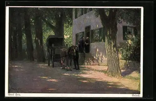 Künstler-AK P. Hey: Besuch, Kutsche vor einem Haus