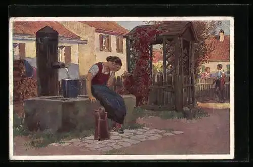 Künstler-AK P. Hey: Volksliederkarte Nr. 34, Jetzt geh i ans Brünnele...