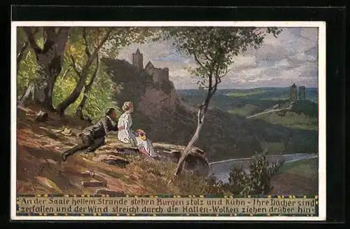 Künstler-AK Paul Hey: Pärchen blickt über die Saale auf stolze Burgen