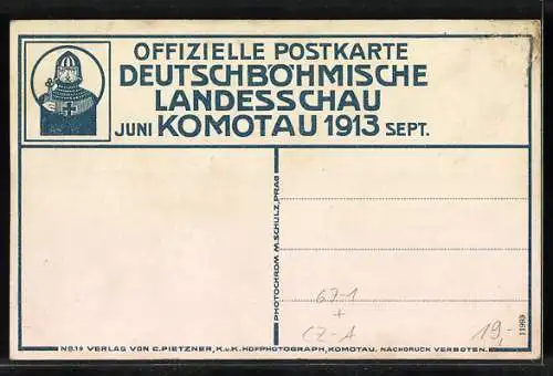 AK Komotau, Deutschböhmische Landesschau 1913, Textilhalle und Musterselcherei