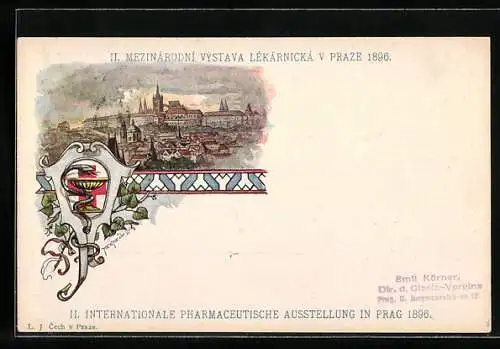 Lithographie Prag, II. Internationale Pharmaceutische Ausstellung 1896, Panorama