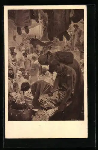 Künstler-AK Alphonse Mucha: Frau beugt sich über Mann, Menschen hängen von der Decke