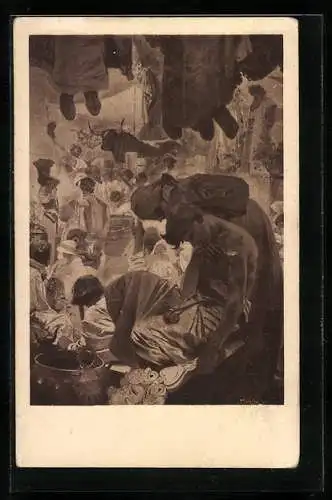 Künstler-AK Alphonse Mucha: Frau beugt sich über Mann, Menschen hängen von der Decke