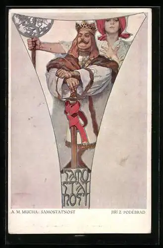 Künstler-AK Alphonse Mucha: L`Independence, Frau steht hinter dem König mit dem Schwert