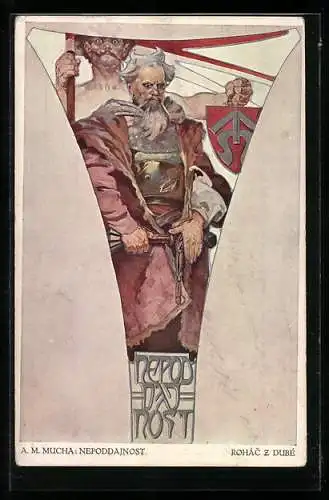 Künstler-AK Alphonse Mucha: Nepoddajnost, Krieger mit entschlossenem Blick