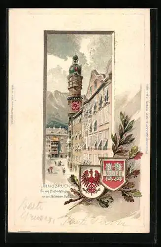 Passepartout-Lithographie Innsbruck, Herzog Friedrichstrasse mit Goldenem Dachl, Wappen