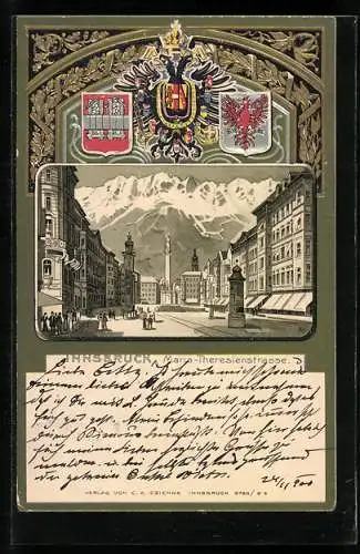 Lithographie Innsbruck, Maria-Theresienstrasse, Wappen