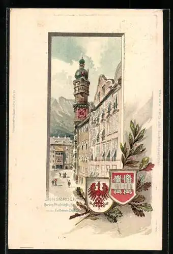 Passepartout-Lithographie Innsbruck, Herzog Friedrichstrasse mit Goldenem Dachl, Wappen