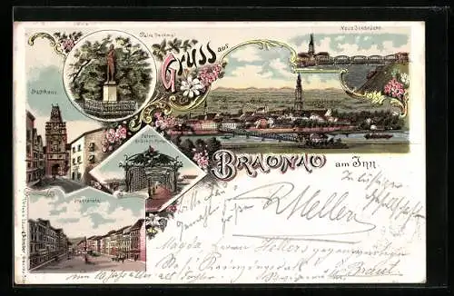 Lithographie Braunau am Inn, Stadthaus, Palm Denkmal, Neue Innbrücke