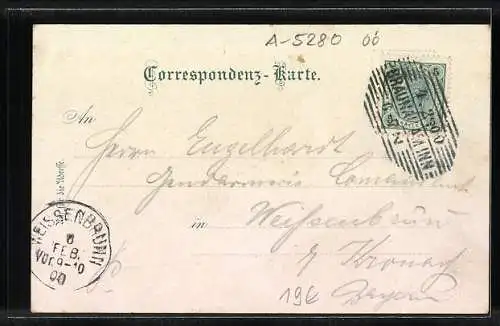 Lithographie Braunau am Inn, Stadthaus, Palm Denkmal, Neue Innbrücke