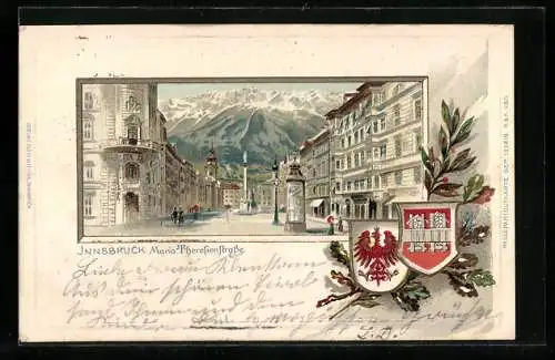 Passepartout-Lithographie Innsbruck, Maria Theresienstrasse mit Litfasssäule, Wappen