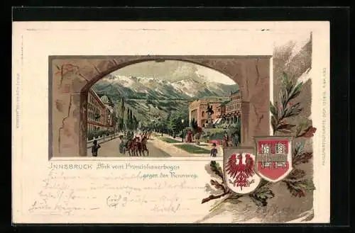 Lithographie Innsbruck, Blick vom Franciskanerbogen gegen den Rennweg, Wappen