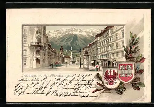 Passepartout-Lithographie Innsbruck, Maria Theresienstrasse mit Litfasssäule, Wappen