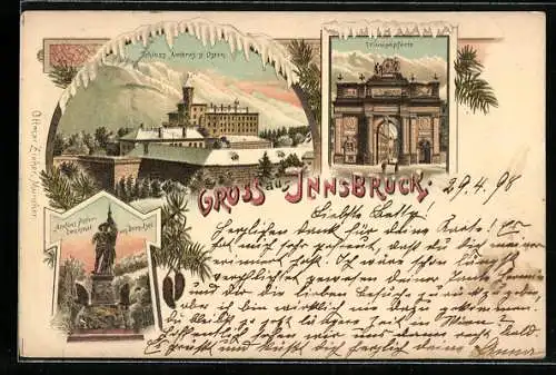 Winter-Lithographie Innsbruck, Schloss Ambras gegen Osten, Triumphpforte, Andreas Hofer-Denkmal a. Berg Isel