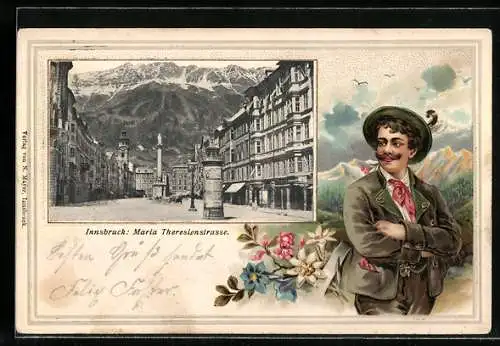 AK Innsbruck, Maria Theresienstrasse, Mann in Tracht
