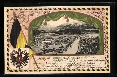 AK Innsbruck, Ortsansicht aus der Vogelschau, Wappen, Fahne
