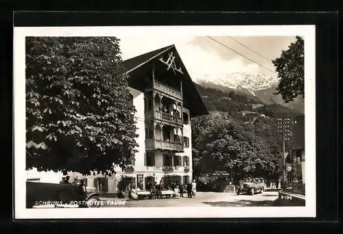 AK Schruns, Posthotel Taube mit Biergarten