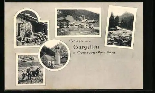 AK Gargellen, Gesamtansicht, Kirche, Flusspartie