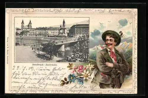 AK Innsbruck, Innbrücke, Mann in Tracht
