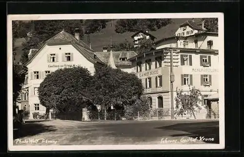 AK Schruns, Gasthof zur Krone, Bäckerei R. u. W. Mayer