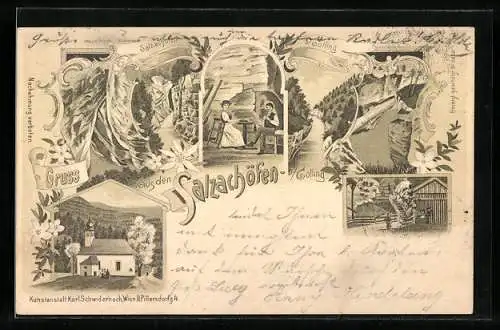 Lithographie Golling /Salzach, Salzachöfen, Kirche, Ortspartie