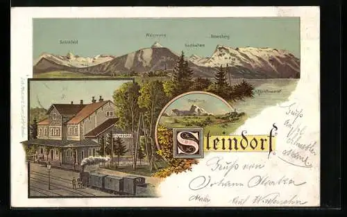 Lithographie Strasswalchen, Steindorf, Bahnhof mit Eisenbahn, Totalansicht mit Berglandschaft