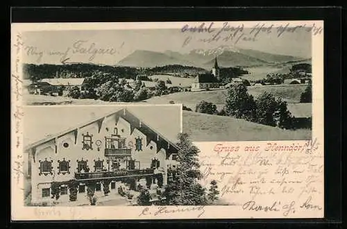 AK Henndorf am Wallersee, Gasthof, Kirche mit Gebirgspanorama