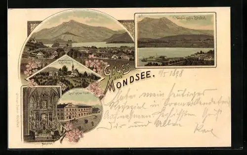 Lithographie Mondsee, Landungsplatz und Bahnhof, Gasthof zur Post