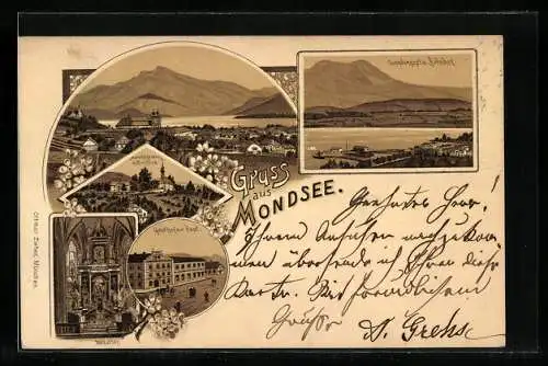 Lithographie Mondsee, Gasthof zur Post, Landungsplatz und Bahnhof, Mariahilferberg mit Kirchlein, Ortsansicht