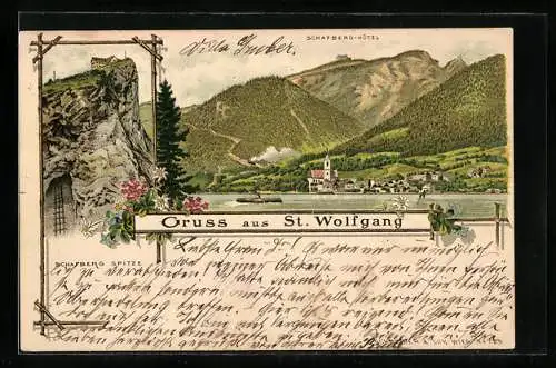 Lithographie St. Wolfgang, Schafberg-Hotel, Dampfer vor dem Ort, Schafberg Spitze