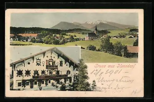 AK Henndorf am Wallersee, Gasthof, Kirche mit Gebirgspanorama