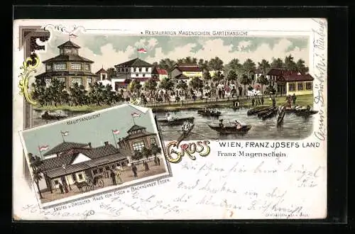 Lithographie Wien-Floridsdorf, Restaurant Magenschein, Gartenansicht mit Gondelfahrt