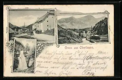 AK Obertauern, Ortspartie mit Pferdewagen, Wasserfall, Ortsansicht mit den Bergen im Hintergrund