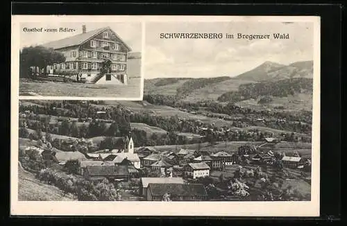 AK Schwarzenberg im Bregenzer Wald, Gasthof zum Adler, Ortsansicht mit Kirche