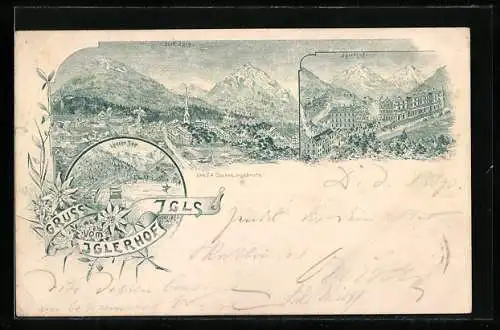 Lithographie Igls, Ortsansicht mit Iglerhof