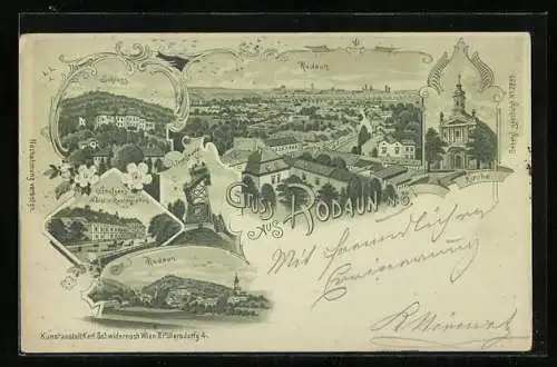 Lithographie Wien-Rodaun, Schloss, Stelzer`s Hotel u. Restauration, Josefswarte, Kirche, Panorama