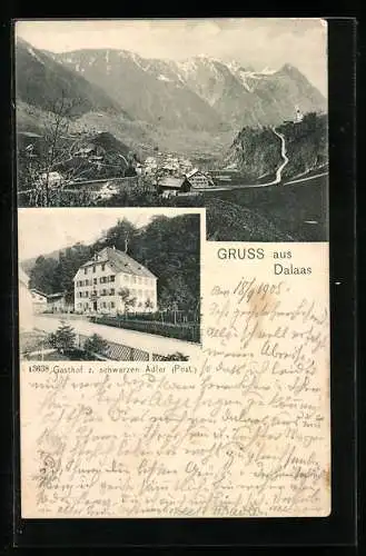 AK Dalaas, Gasthof z. schwarzen Adler, Ortsansicht gegen die Berge