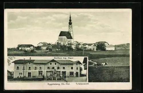 AK Eggelsberg /Ob.-Öst., Kaufhaus Aug. Hager, Totalansicht mit Kirche
