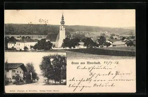 AK Moosbach, Gasthaus, Ortsansicht mit Kirche