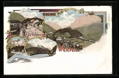 Lithographie Werfen, Marktplatz, Festung, Totalansicht