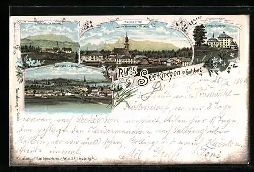 Lithographie Seekirchen b. Salzburg, Schloss Seeburg, Ortsansicht aus der Vogelschau